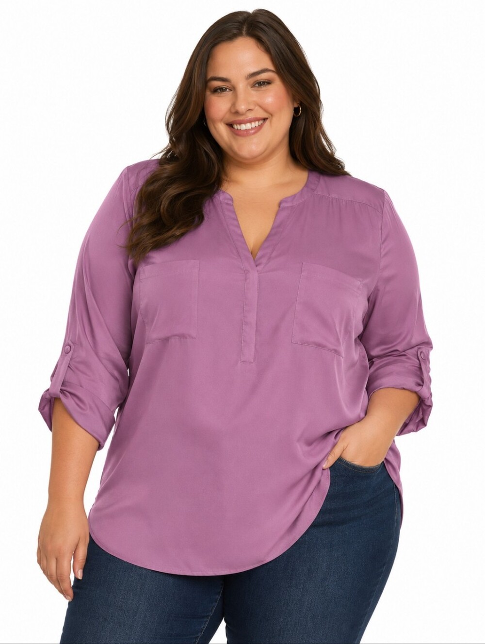 Torrid Foxglove Pink Split V-Neck 3 Button Roll-Tab Blouse Sz 2X